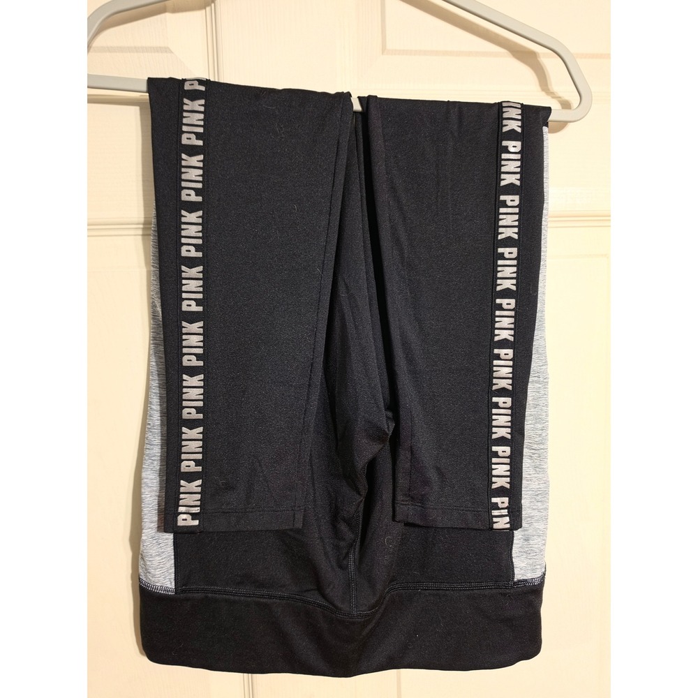 PINK Victoria's Secret Cozy Leggings Black Grey Colorblock Logo Tape Large
